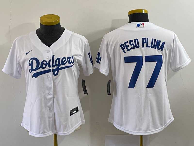 Women%27s Los Angeles Dodgers #77 Peso Pluma White Stitched Cool Base Nike Jersey